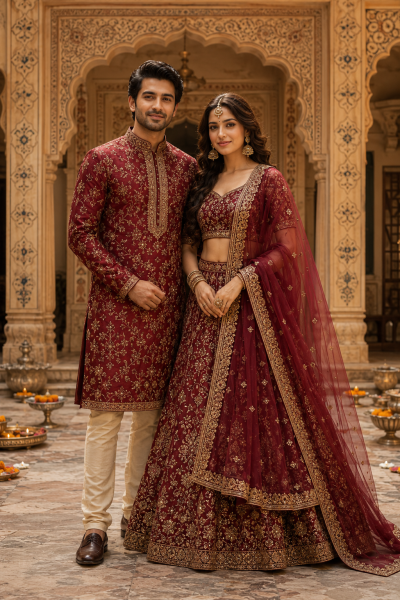 Royal Maroon Kurta with Matching Lehenga