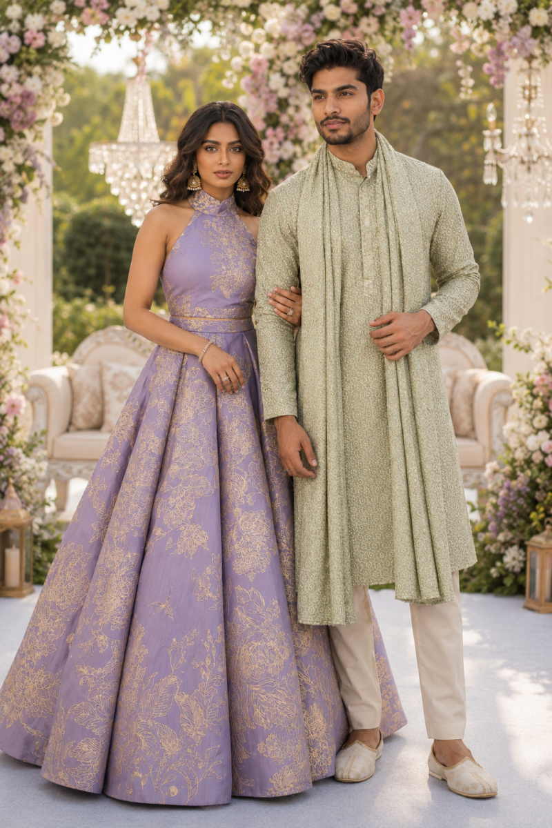 White Kurta with Lavender Lehenga