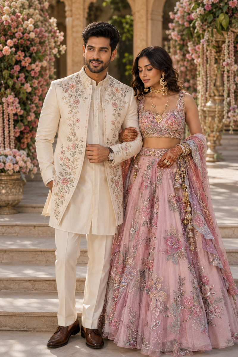Ivory Kurta and Pastel PinkLehenga Combination