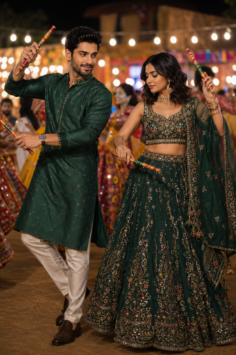 Bottle Green Couple Outfit for Garba Night