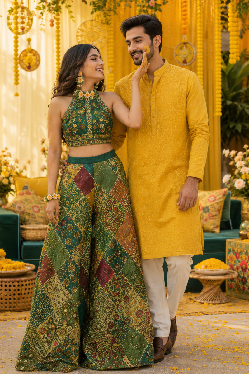 Mustard Yellow Couple Outfit for Haldi Ceremony