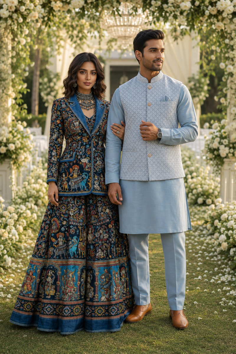 Sky Blue Kurta with Floral Lehenga