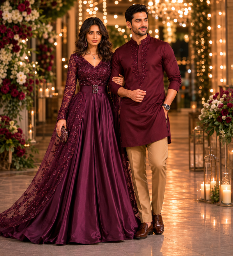 Wine Color Couple Outfit