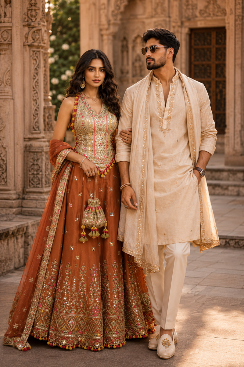 Beige Kurta with Rust Orange Lehenga